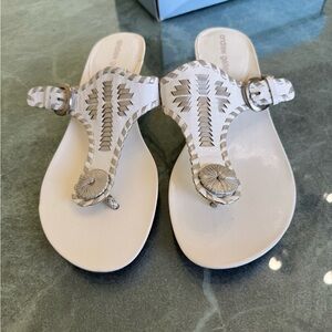 Leather , genuine A. Geller white sandals, kitten heels, silver accents, SZ 8.5M
